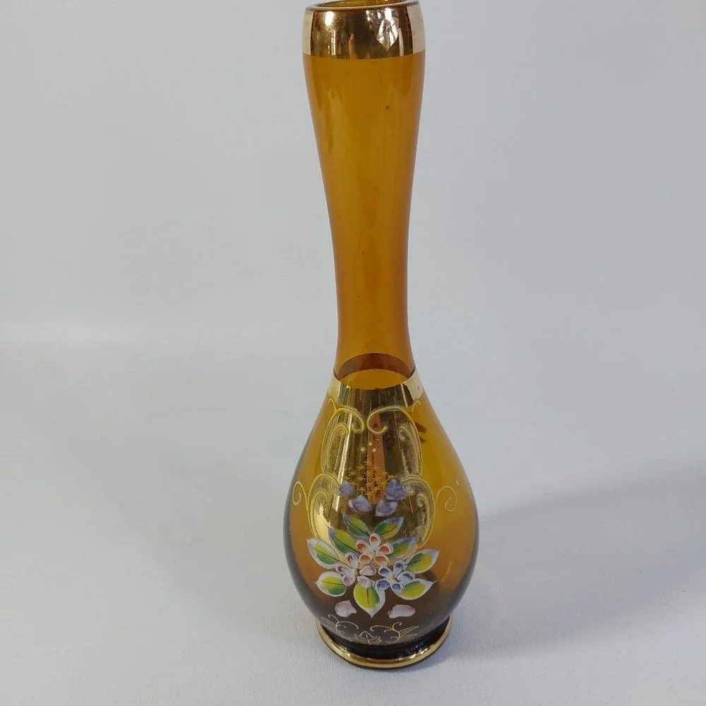 Vtg Bohemian Orange/Gold Ucagco Japan Glass Bud Vase Hand Painted Enamel Flowers